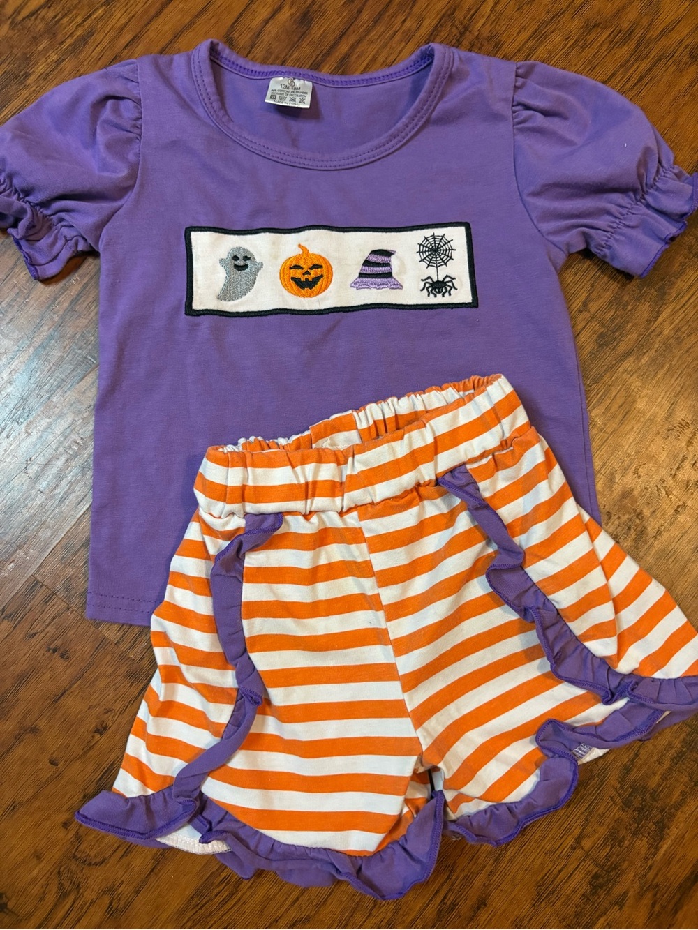 Kids Halloween Purple Top & Orange-White Striped Shorts Matching Set